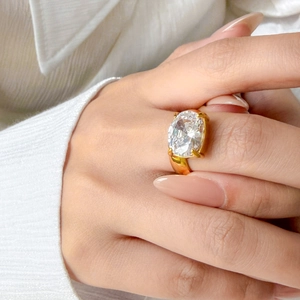 Close-up of a large oval zircon ring with 18K gold plating on a model's hand