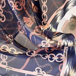 Elegant 90cm silk-like scarf with geometric chains and rope patterns in blue and pink