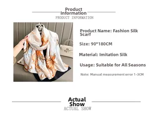Detail of 90x180cm faux silk scarf featuring abstract orange ink art and specifications