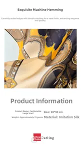 Gros plan du motif cachemire sur le foulard en soie synthétique jaune et bleu marine