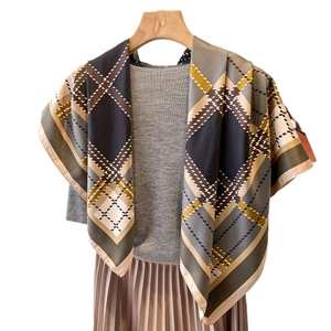 Classic large square silk scarf with twill pattern and plaid design for women