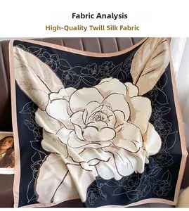 Detailed view of high-quality twill silk square scarf with vintage camellia floral print