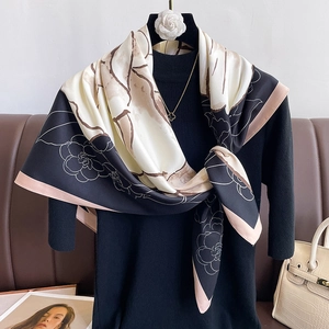 Elegant vintage floral silk scarf with black and white camellia print and pink trim