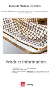 Detail of 90x90cm twill cotton square scarf with elegant brown retro pattern and size specs