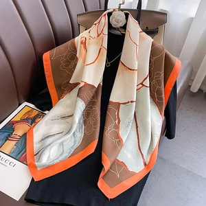Elegant vintage camellia floral print silk scarf in orange and brown square design