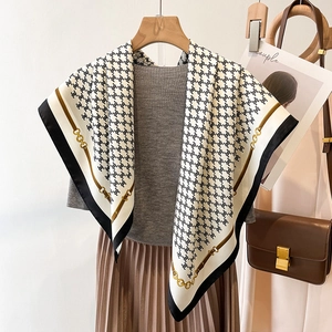 Silk feel square scarf with classic arch pattern and gold chain print on white