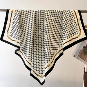 Elegant square twill silk scarf with vintage monogram and gold chain border patterns