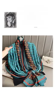 Detail of turquoise and orange silk scarf with geometric patterns and satin finish