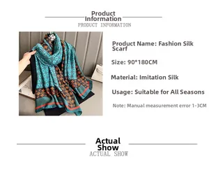 Detail of silk-like scarf with blue-green floral pattern and 90x180cm size info