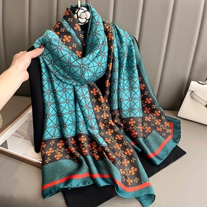 Elegant Satin Floral Scarf Geometric Print Large Shawl For Sun Protection Travel Daily Beach Wrap Soft Fashion Accessory