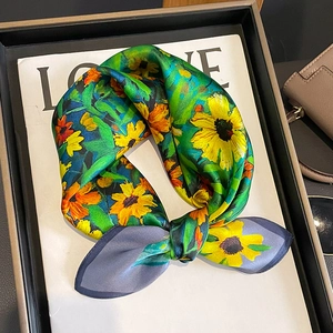 Elegant Mulberry Satin Square Scarf Sunflower Floral Print Decorative Neckerchief For Women Fashion Accessory Gift