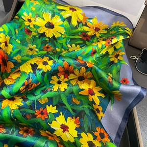 Sunflower silk scarf with oil painting print, elegant floral satin shawl for women