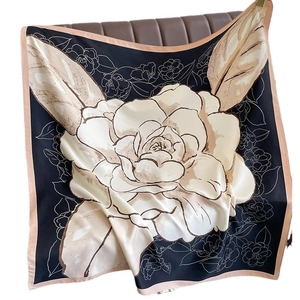 Elegant large black silk square scarf with white camellia flower print and silky sheen