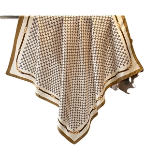 Elegant 90cm square silk scarf featuring brown vintage patterns and gold chain borders