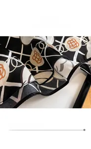 Close-up of fine rolled edges and silk texture on floral printed square scarf