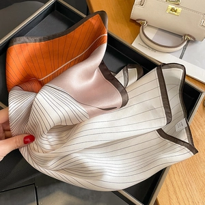 Elegant 100% mulberry silk square scarf with geometric color-block and stripe design