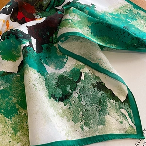 Artistic silk square scarf with green abstract watercolor print and rolled edges