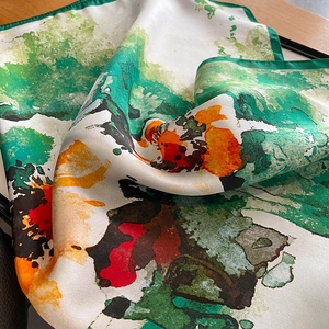 Abstract oil painting style square silk scarf with vibrant green and orange print patterns