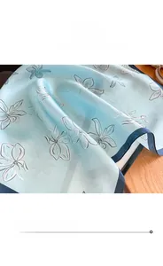 Detailed view of silk square scarf featuring fine edge stitching and white floral prints