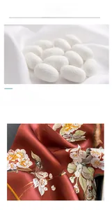 Detailed view of raw mulberry silk cocoons and dark red floral silk scarf material