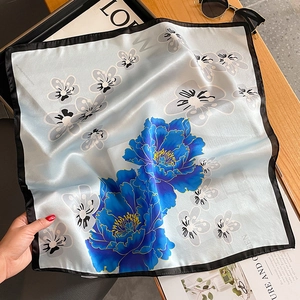 Elegant light blue silk floral square scarf with peony print for women's decoration