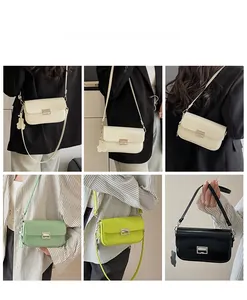 Collage of fashion crossbody bags in glossy cream, green and black with floral charm