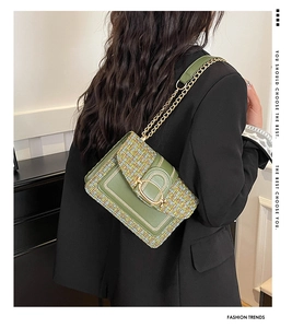 Détail du sac bandoulière en tweed vert avec boucle dorée en U et bandoulière en chaîne