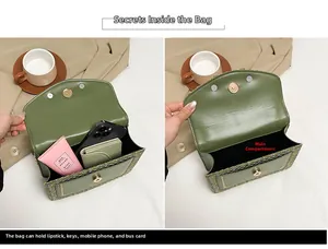 Détail du sac bandoulière en tweed vert montrant la capacité intérieure pour mobile