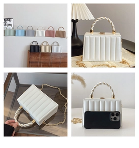 Detailed grid view of textured small crossbody bags with metallic handles in various colors