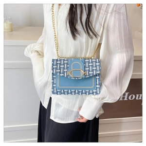 Close-up of blue and white tweed shoulder bag with gold clasp and chain strap detail