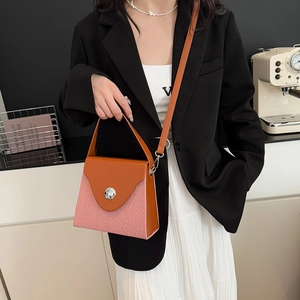 Sac boîte bicolore chic en cuir marron et rose avec boucle argentée porté par un mannequin