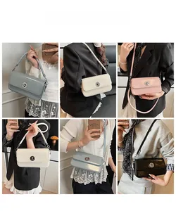 Detail view of stylish crossbody square bags in four colors shown on models