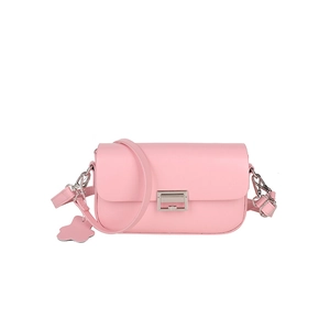 Pink PU leather crossbody bag with silver square buckle and floral charm on white background