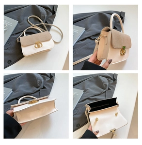 Detail views showing woven texture and gold D-buckle on cream white crossbody handbag