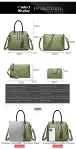 Size chart for 4-piece green faux leather tote set showing precise dimensions of each bag