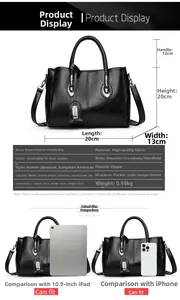Size comparison of black vintage tote bag with iPad and iPhone showing dimensions