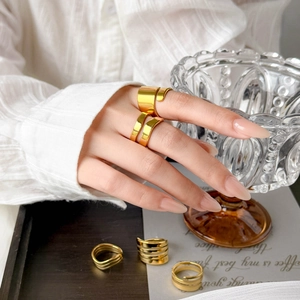 Multi Layer Hollow Open Rings Gold Plated Stainless Steel Wide Band Spiral Geometric Adjustable Fashion Jewelry For Women