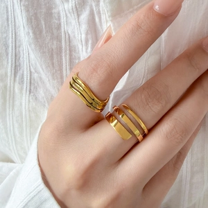 Double layered wave and triple band 18K gold plated stainless steel rings for women