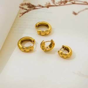 French vintage 18K gold plated star zircon hoop earrings set for women in warm tones