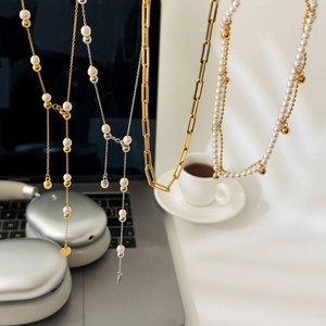 Stainless Steel Artificial Pearl Necklace 18K Gold Plated Paperclip Link Chain Lariat Y Shaped Adjustable Jewelry For Women