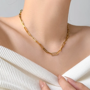 18K gold plated paperclip chain necklace for women featuring a pave zircon oval link
