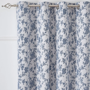 Blue Toile de Jouy floral blackout curtains with silver metal grommets for living room