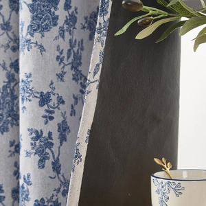 Blue floral blackout curtain with grommets, dual-layer fabric for living room privacy