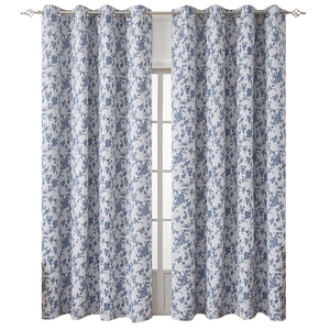 Retro floral blackout curtains with blue botanical pattern and silver metal eyelets