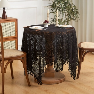 Crochet Lace Tablecloth Hollow Out Cotton Polyester Blend Tassel Edge Retro Pastoral Style Dining Coffee Table Cover