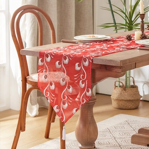 Chinese Classical Peacock Feather Embroidery Table Runner Polyester Lace Mesh With White Tassel For Dining Home Decor