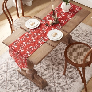 Classical Chinese red table runner with white vine floral embroidery and tassel fringe