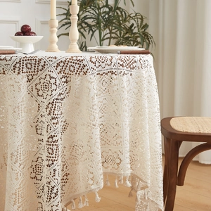 French vintage crochet lace tablecloth with floral hollow patterns and tassel edges