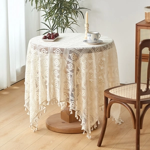 Retro Crochet Tablecloth Hollow Lace Cotton Blend With Tassels For Dining Coffee Table American Pastoral Style Cream