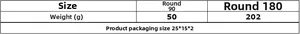 Size chart showing specifications and weights for French lace round tablecloths